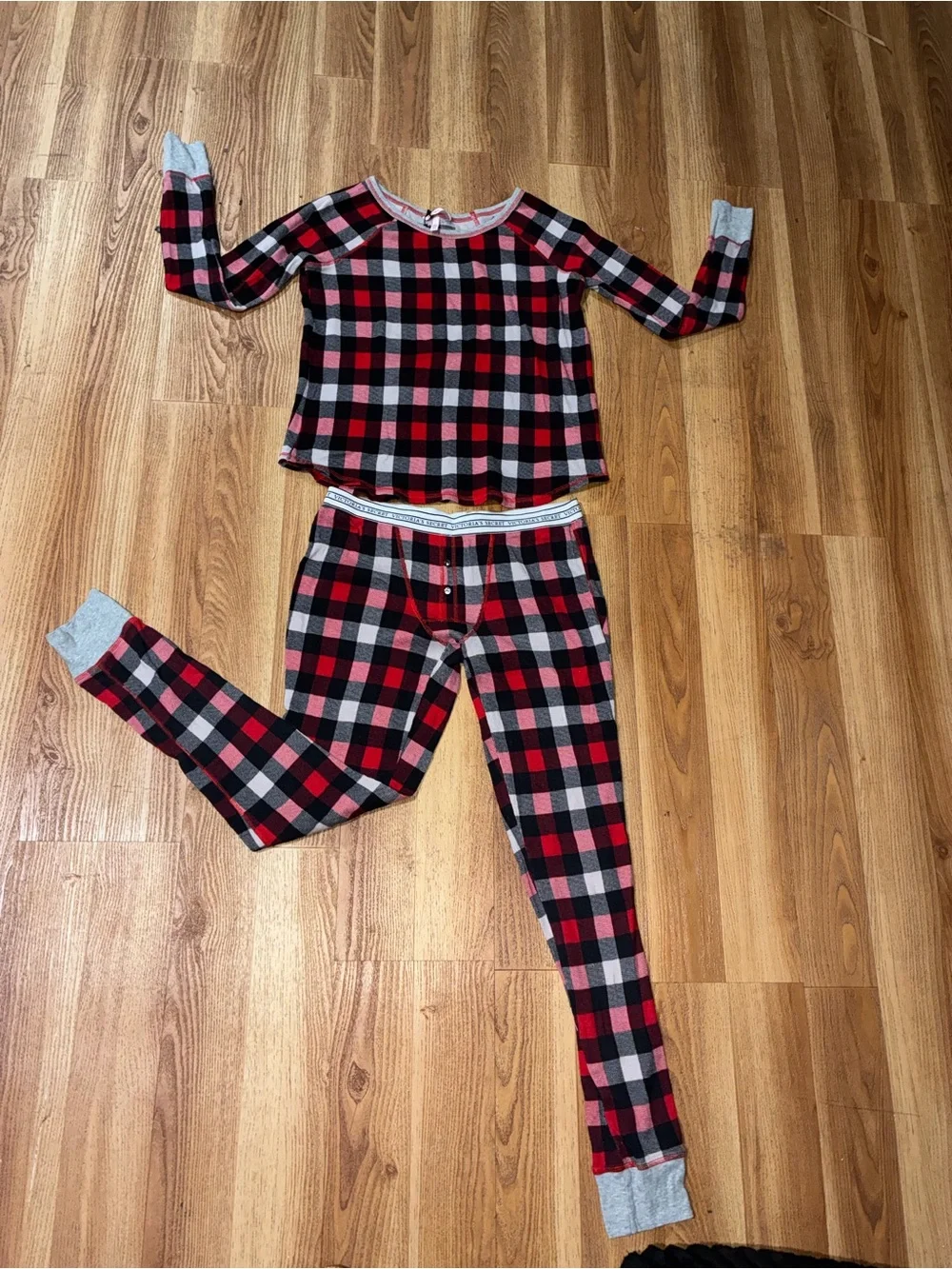 Victoria's Secret Red, Black, and Gray Plaid Kids Pajama Set with Pink Accents